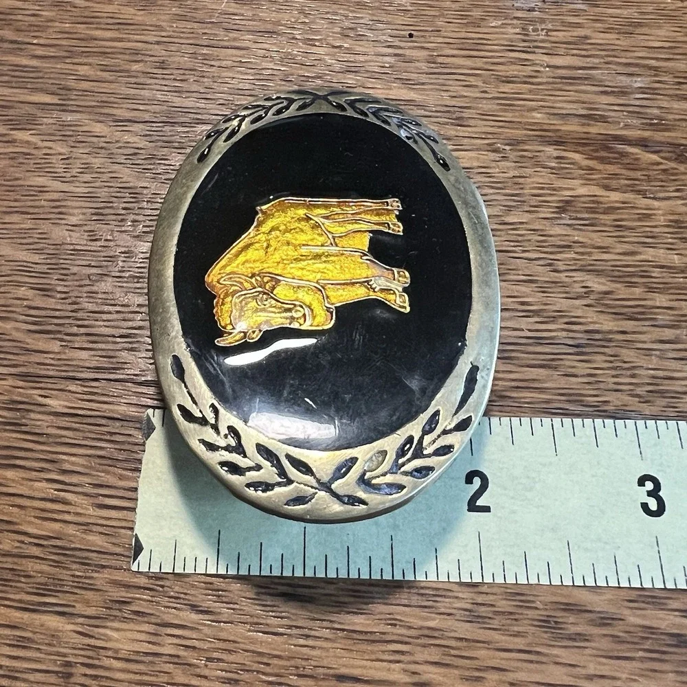 Vintage Bison Belt Buckle Black Border Inlay Enameled Solid Brass Base Oval